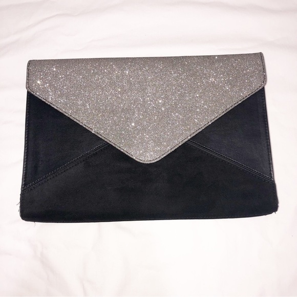 Black Silver Large Envelope Clutch Faux Suede Leather DSW IPad Case Evening Bag - Picture 1 of 8